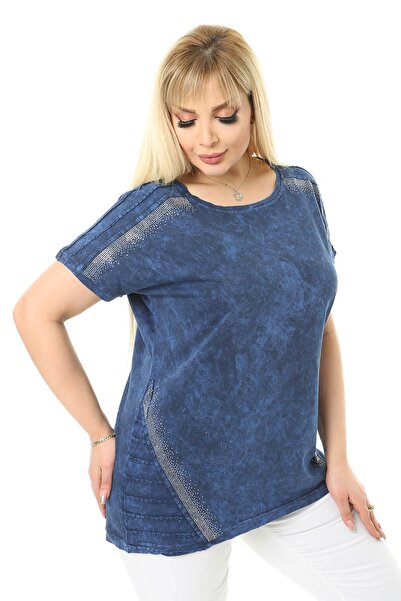 Mia Butik Plus Size Navy Blue Round Neck Blouse