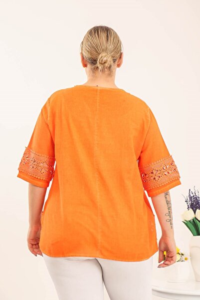 Mia Butik Plus Size Linen Orange Skirt Lace Detailed Blouse