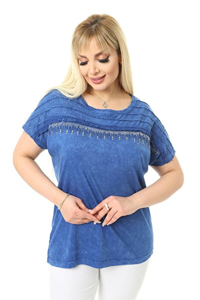 Mia Butik Plus Size Blue Shoulder Stone Detailed Blouse