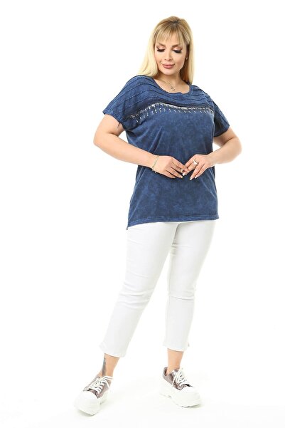 Mia Butik Plus Size Navy Blue Blouse with Stone Detail on Shoulders