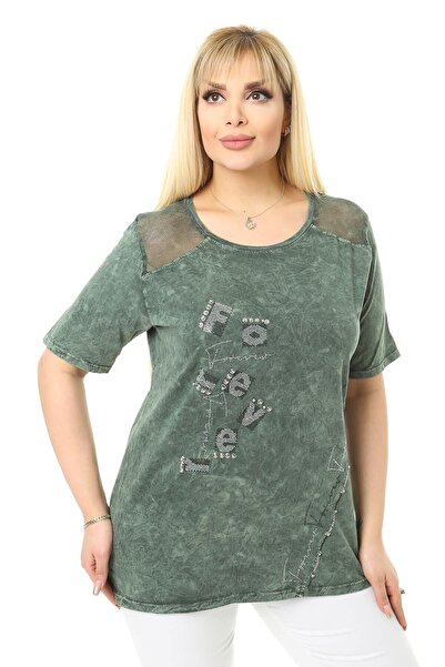 Mia Butik Large Size Khaki Blouse with Mesh Detail on the Shoulders