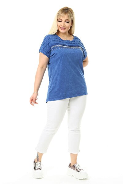 Mia Butik Plus Size Blue Shoulder Stone Detailed Blouse