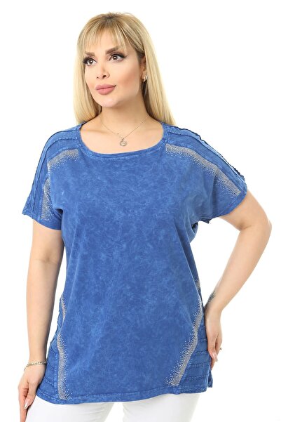 Mia Butik Plus Size Blue Round Neck Blouse