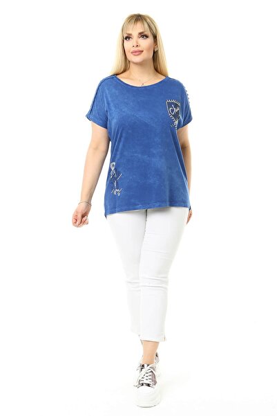 Mia Butik Plus Size Blue Blouse with Lace Detail on Shoulders