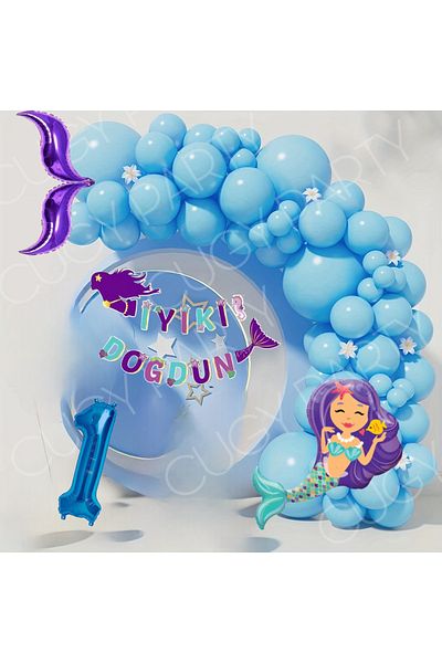 CUGY Blue Mermaid Concept Age Number Fish Tail Birthday Decoration Balloon Set