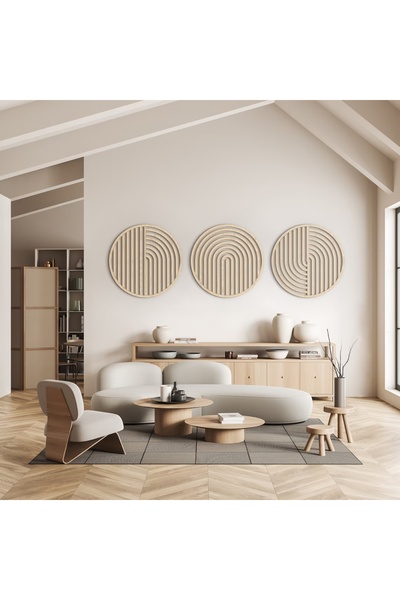 birlazer Bohem Soyut Dekoratif Ahşap 3'lü Tablo - Daire Duvar Dekoru Ve Hediy...