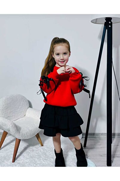 YARENKİDS Girl's Bottom Top Rainbow Fabric 100% Cotton Sweatshirt Black Pleated Skirt Set