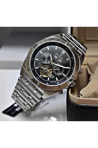 Raymond Silver Black Steel Automatic Men's Watch