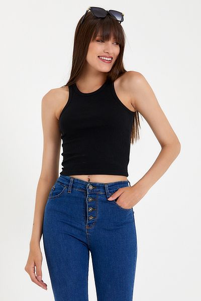 Superlife Süperlife Women's Crop Knitted Back High Collar Tank Top Spr21Y11