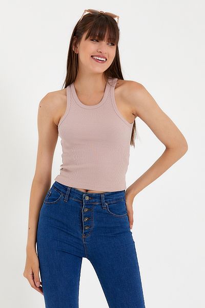 Superlife Süperlife Women's Crop Knitted Back High Collar Tank Top Spr21Y11
