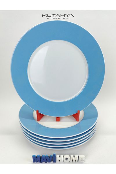 Kütahya Porselen 27 cm Blue Edge Patterned White Serving Plate - Set of 6