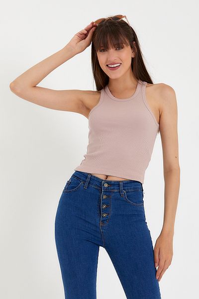 Superlife Süperlife Women's Crop Knitted Back High Collar Tank Top Spr21Y11