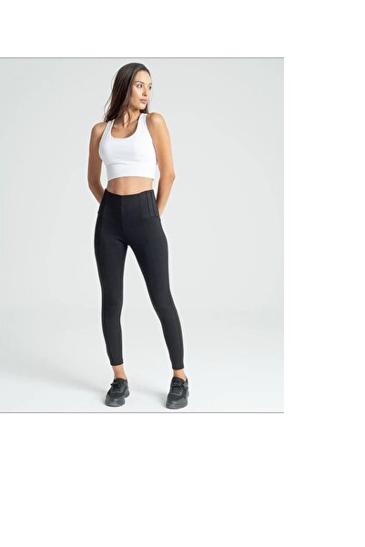 TİSTA Γυναικείο μαύρο ψηλόμεσο ριγέ πλεκτό κολάν από ατσάλι