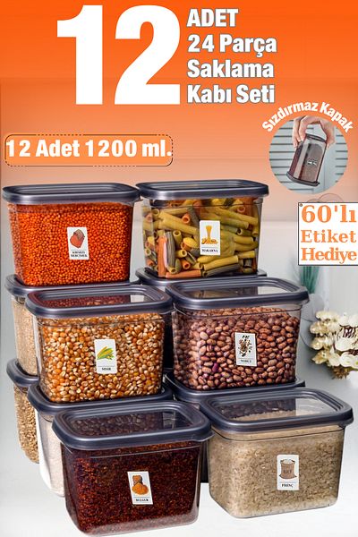 welcomein 12 Pieces of 24 Pieces - 1.2 Lt Storage Set for Food and Grounds with Label Gift
