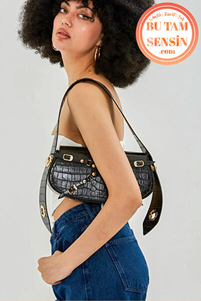 Bu Tam Sensin Siyah Kroko Desenli Kadın Çift Kademeli Özel Kilit Askı Sistemli Manc Model Baget Omuz Çantası