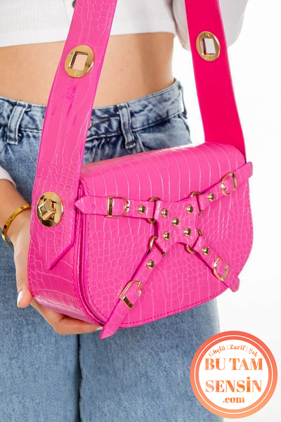 Bu Tam Sensin Fuşya Kroko Desenli Kadın Çift Kademeli Özel Kilit Askı Sistemli Manc Model Baget Omuz Çantası