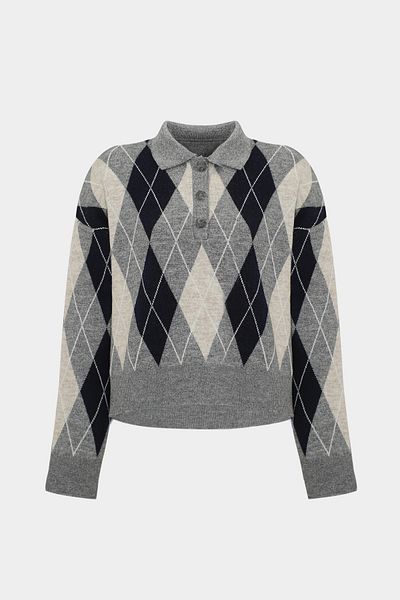 Açelya Okcu Premium Polo Neck Diamond Pattern Wool Women's Knitwear Sweater