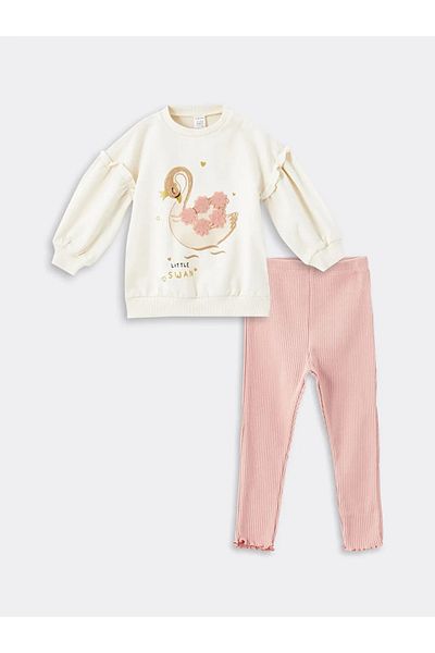 LC Waikiki سويت شيرت وسروال ضيق للفتيات الصغيرات من LCW Kids Ecru - رقبة دائرية، كم طويل، طقم مطبوع مكون من قطعتين