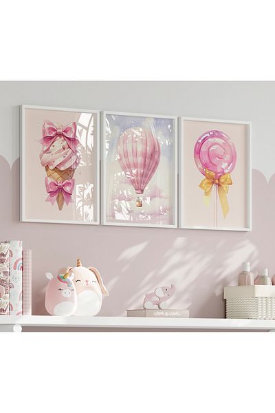 Home Σετ 3 τεμαχίων Powder Pink Sweet Candies Διακόσμηση παιδικού και βρεφικού δωματίου, σετ αφίσας χωρίς πλαίσιο 3 τεμαχίων
