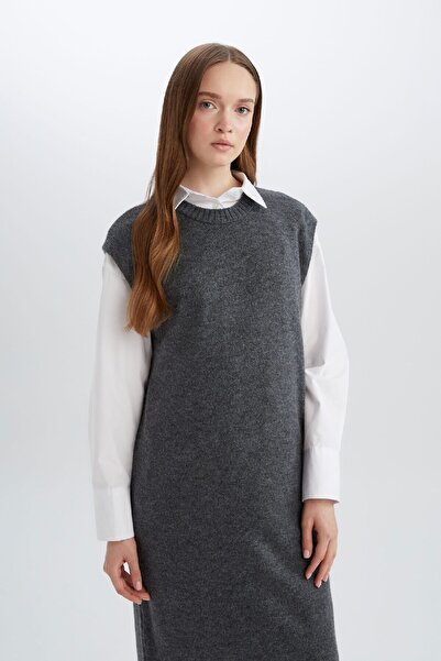 DeFacto Langer Strickpullover mit normaler Passform und Rundhalsausschnitt B0197AX24WN