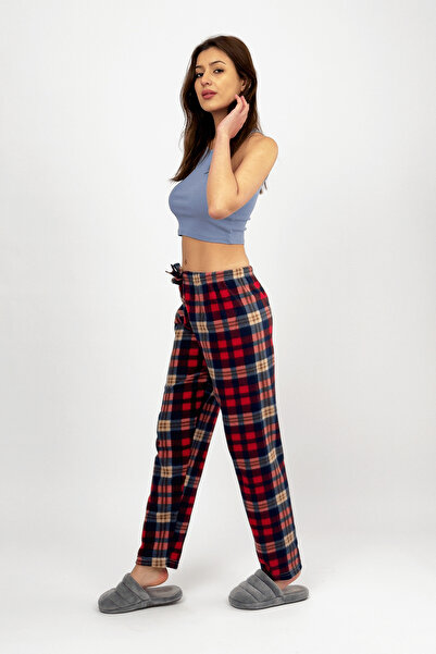 Betimoda Sötétkék, piros kockás mintás női gyapjú pizsama alsó, téli rugalmas derék egy alsó rész
