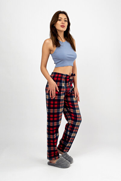 Betimoda Sötétkék, piros kockás mintás női gyapjú pizsama alsó, téli rugalmas derék egy alsó rész