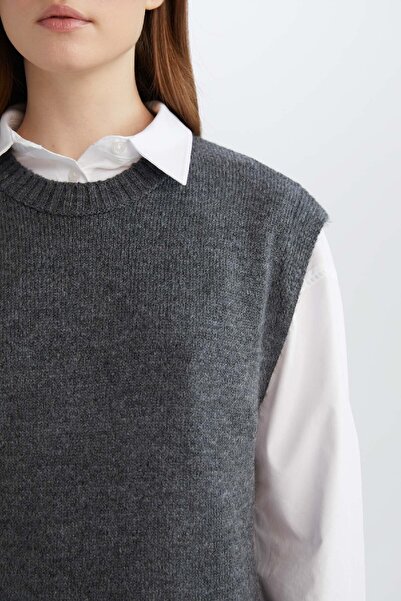 DeFacto Langer Strickpullover mit normaler Passform und Rundhalsausschnitt B0197AX24WN