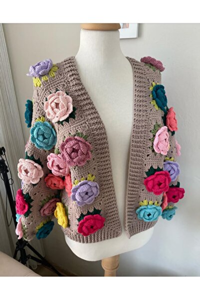 El örgüsü Rose Motif Hand-Knitted Women's Cardigan