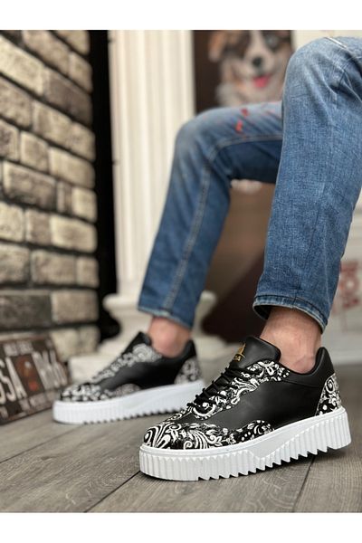 BOA BA0802 BOA Gothic Patterned Black White High Sole Men's Casual Shoes