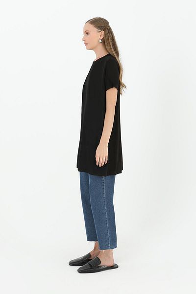 Puane Women's Black Long Basic T-Shirt -10271Tun