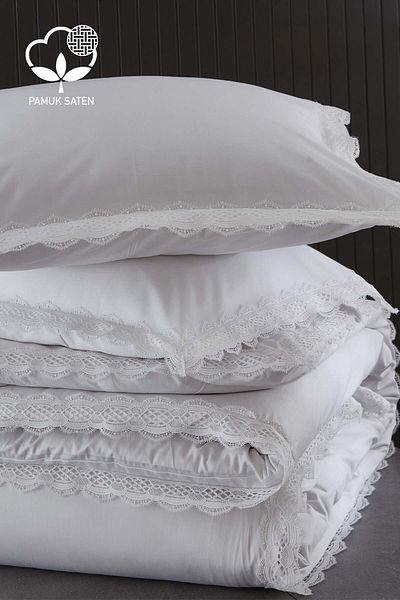 Nazik Home Asel 300 TC - Set de lenjerie de pat dublu din satin de bumbac din dantelă, 6 piese