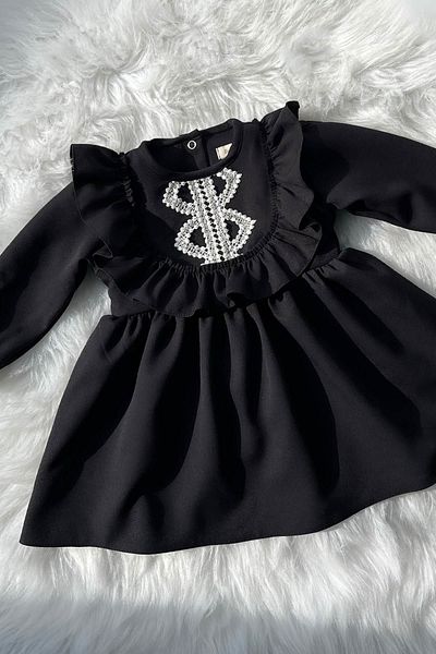 Bertuğ Bebek Rochie creponată neagră pentru fetiță, cu volane, cu dantelă