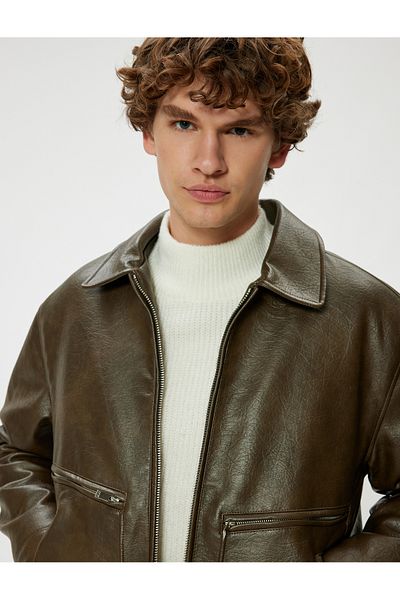 Koton Cotton Blended Faux Leather Slim Fit Shirt Collar Jacket