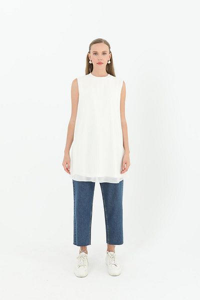 Puane Women's Sleeveless Tulle Detailed Underwear Tunic - 10270Tun - Ecru