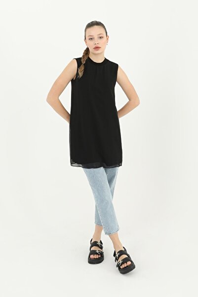 Puane Women's Sleeveless Tulle Detailed Innerwear Tunic - 10270Tun - Black