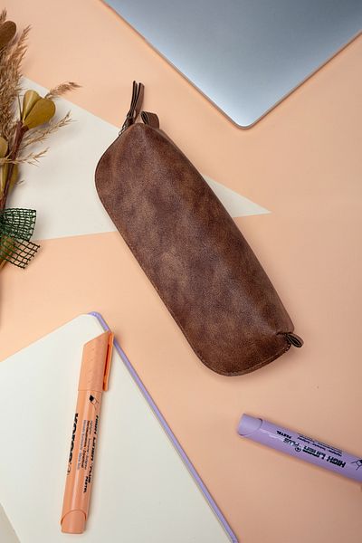 DK LEATHER Minimal Zipper Pen Holder - Pu Leather Pencil Case / Bag Organizer