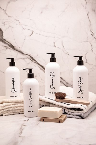homence Shampoo Shower Gel Conditioner Liquid Soap Printed Plastic Bottle Bathroom Set of 4 White Soap Dispenser 500ml
