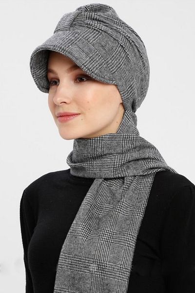 Vera Bonnet Ready Turban Alya Neck Collared Bonnet Plaid Knitwear Scarf Hat Neck Covering Hijab Women's Bonnet