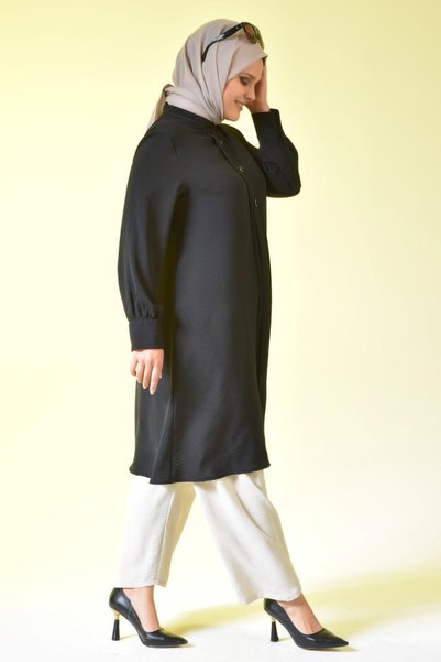Ferace Women's Large Size Hijab Tunic Buttoned Ayrobin Fabric