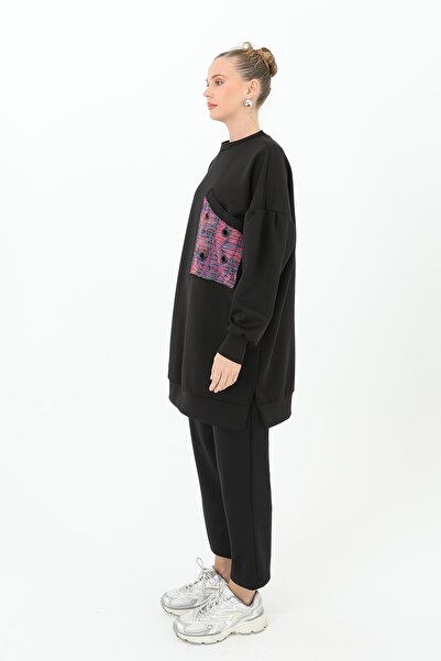 Puane Women's Patterned Single Pocket Detailed Tunic - 10574Tun - Black