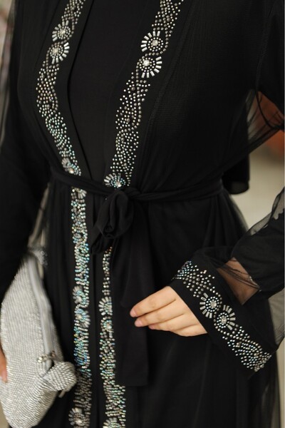 Modamorfo Cuffs Stone Embroidered Belted Double Abaya Set -Black