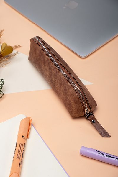 DK LEATHER Minimal Zipper Pen Holder - Pu Leather Pencil Case / Bag Organizer