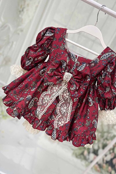 Bertuğ Bebek Şal Desenli Dantelli Kadife Kız Çocuk Bebek Abiye Tasarım Fitilli Bordo Elbise
