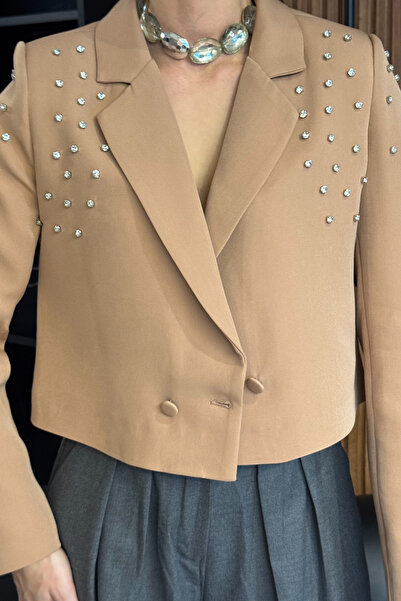 GÜLSELİ Дамски бродиран бисквитен блейзър с камъни - късо яке с предни копчета