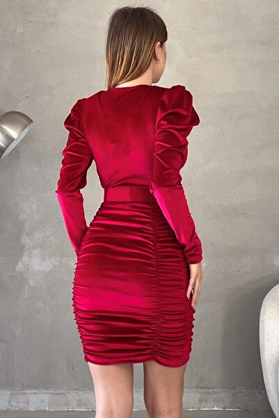 lovebox Burgundy Velvet Fabric Princess Sleeve Belt Detailed Skirt Gathered Double Breasted Collar Mini Evening Dress 582015
