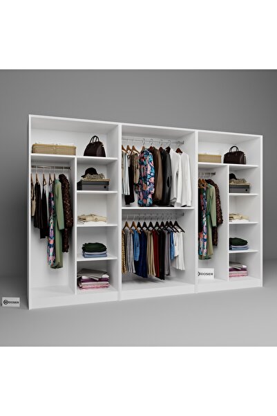 midoser Lucas 6 Kapaklı 10 Raflı Elbise Dolabı-gardırop Seti Beyaz 282 Cm.
