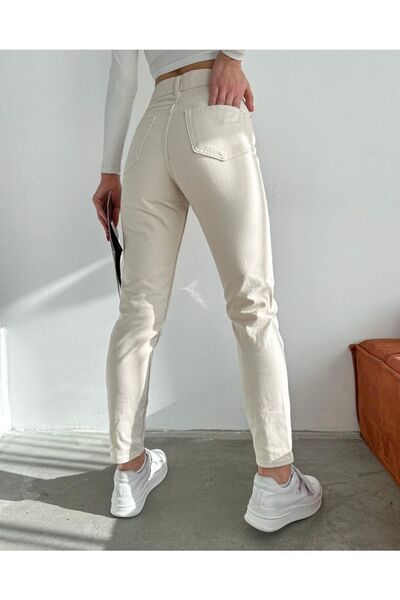 MAKRAS EXCLUSIVE A189944 Women's Cream Color Mom Jean High Waist Jeans Skinny Leg Denim Pants