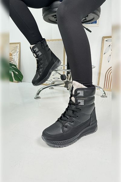İmerShoes Cizme negre pentru femei 815 - zilnic, blană, cu șireturi, cu fermoar și talpă cu zimțuri înalte groase