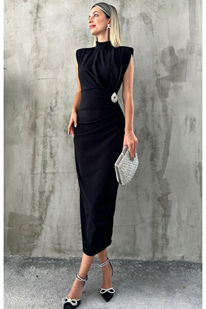Angel Mia Μαύρο φόρεμα κρεπ - με κούμπωμα