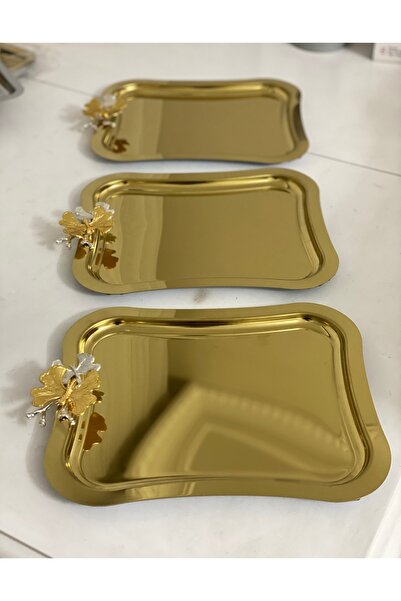 Elzemm store ÇELİK GOLD İTALYAN MODEL 3 ADET KELEBEKLİ SUNUM TEPSİSİ 26 CM